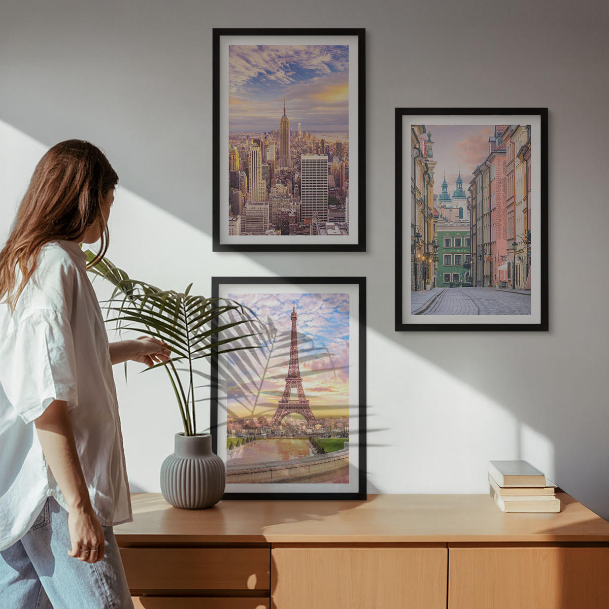 BILDER SET 3er Set - 40x60 cm Schwarzer Rahmen - Städte New York Paris Dämmerung - Schwarz, Kunststoff (40/60cm) - TULUP