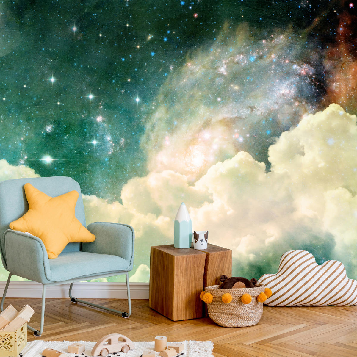 FOTOTAPETE für Kinderzimmer Kosmische Nebelwolken Sterne Galaxie Mystisch 350x256 - Türkis/Pastellgrün, Papier (350/256cm) - Muralo