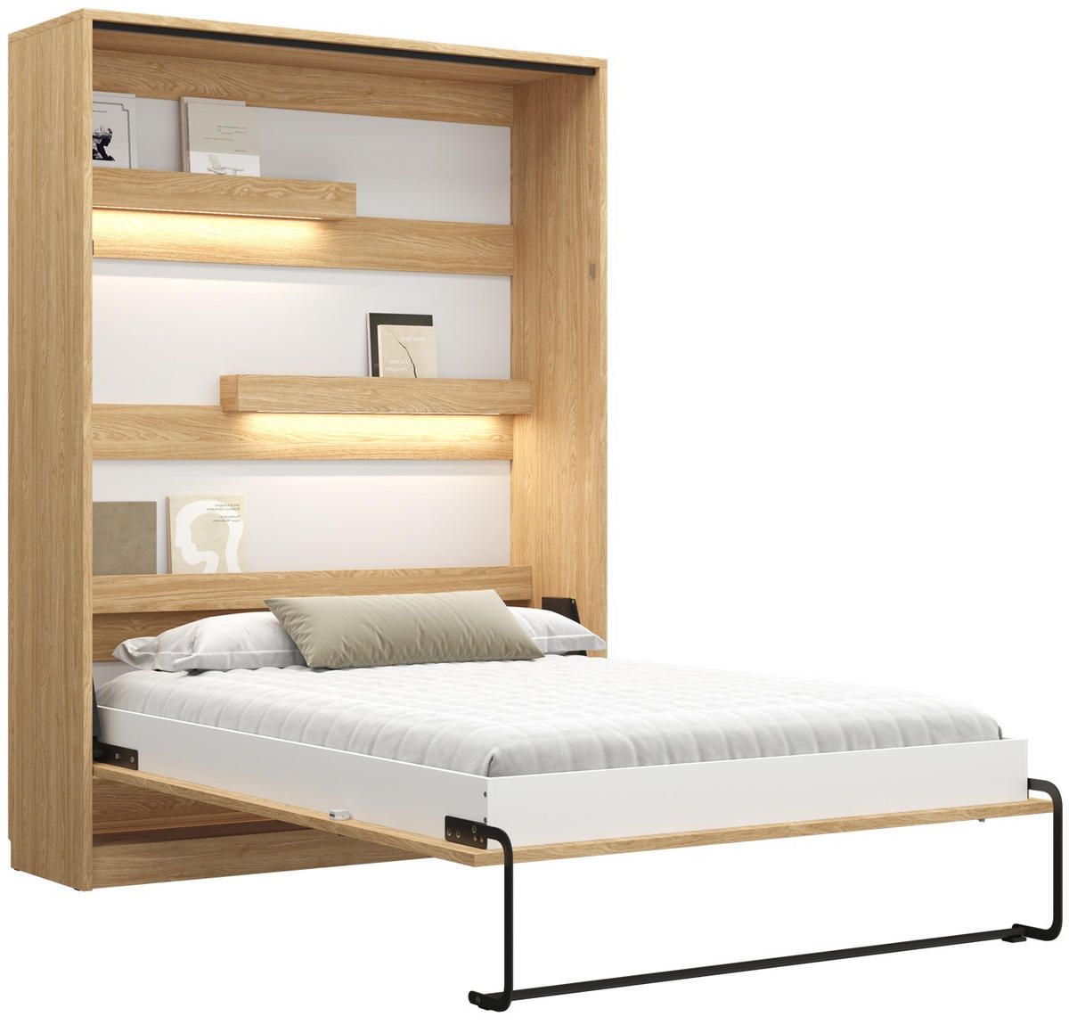 SCHRANKBETT Wandklappbett vetikal GN120x200 mit Schreibtisch und LED - Eiche geölt - Eichefarben, Holzwerkstoff (120/200cm) - QMM TraumMöbel