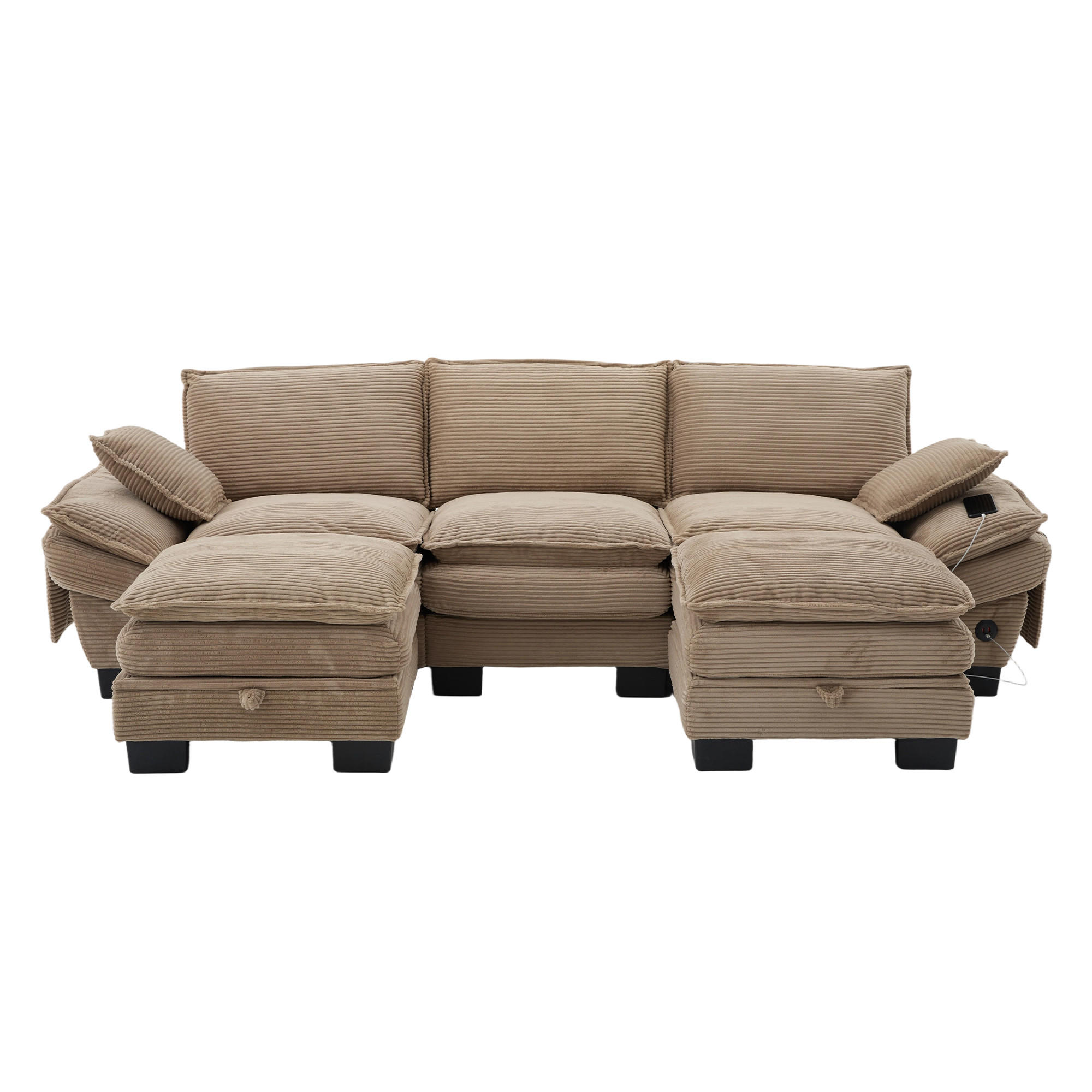 WOHNLANDSCHAFT Cord Khaki mit USB-C, Seitentaschen und 2 Hockern - Hellbraun, Holzwerkstoff/Kunststoff (260/84/132cm) - WISHDOR
