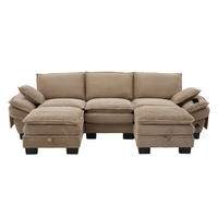 WOHNLANDSCHAFT Cord Khaki mit USB-C, Seitentaschen und 2 Hockern - Hellbraun, Holzwerkstoff/Kunststoff (260/84/132cm) - WISHDOR