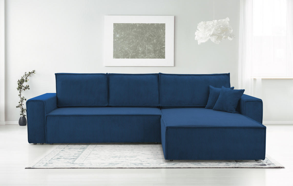ECKSOFA L Form Cedria Blau 287/145/85 cm mit Schlaffunktion - Schwarz/Dunkelblau, Kunststoff/Textil (287/145cm) - AX Living