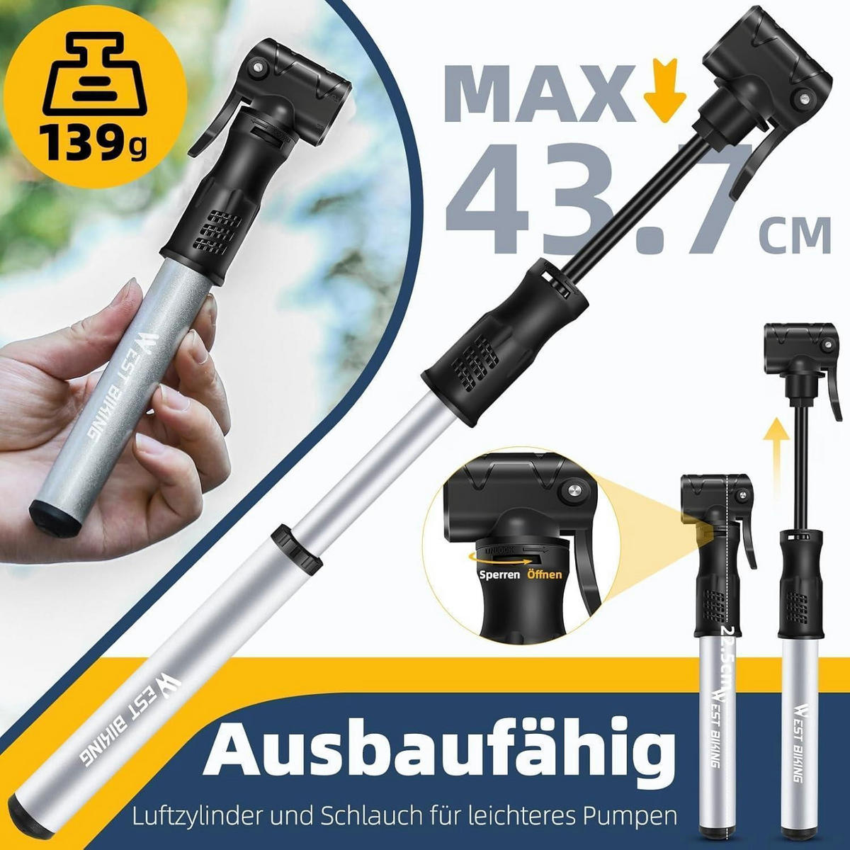 FAHRRADPUMPE Mini Aluminium mit Doppelventil und Halterung - Silberfarben, Metall (4.3/22.5/22.5cm)