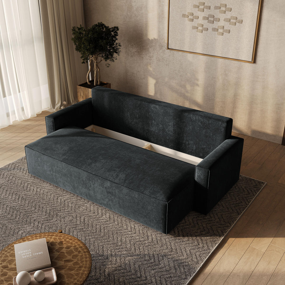 BETTSOFA MENI LM Schwarz Chenille-Stoff mit Schlaffunktion - Schwarz, Textil (232/85/87cm) - MASSENO