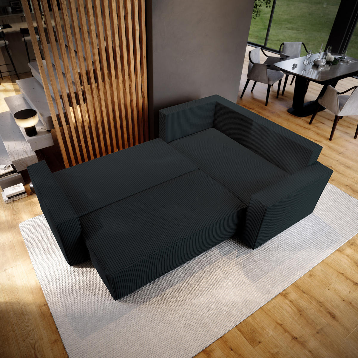 ECKSOFA ESTANO R-S Schwarz Kordstoff mit Schlaffunktion - Schwarz, Holz (230/158cm) - MASSENO