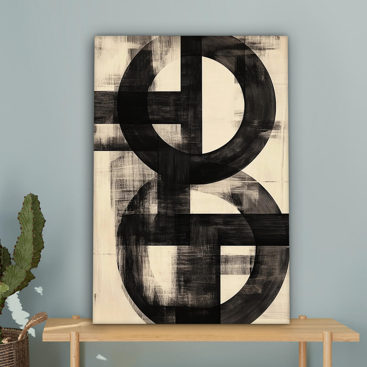 LEINWANDBILD Kreise - Balken - Schwarz - Abstrakt Wanddeko Schlafzimmer 60x90 cm - Schwarz, Textil (60/90cm) - MuchoWow