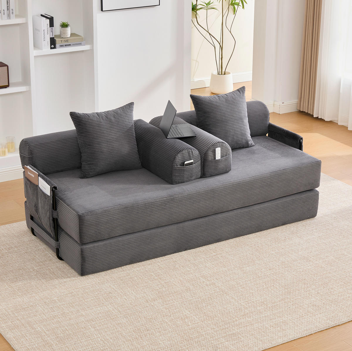 SOFA 200/94/67 cm in Dunkelgrau aus Cord mit modularer Gestaltung und Seitentasche - Dunkelgrau, Textil (94/67/200cm) - Flora Grace