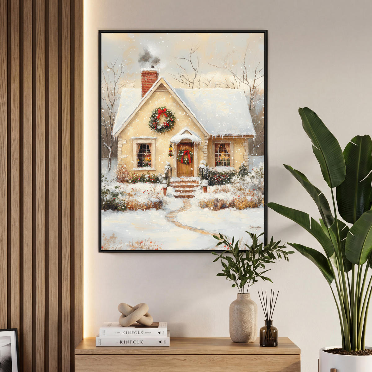 LEINWAND Bilder mit Rahmen - Weihnachten - Zuhause - Winter - Schnee - 70x100 - Creme, Textil (70/100cm) - MuchoWow