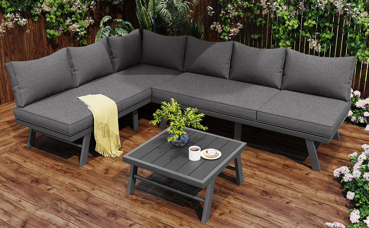 SITZGRUPPE Gartenmöbel-Set für 5-6 Personen – 2x 3-Sitzer Sofa & 1 Tisch, inkl. 7 grauen Kissen, dunkelgraues verzinktes Eisengestell mit Schutzfüßen - Grau, Metall - FOHERE