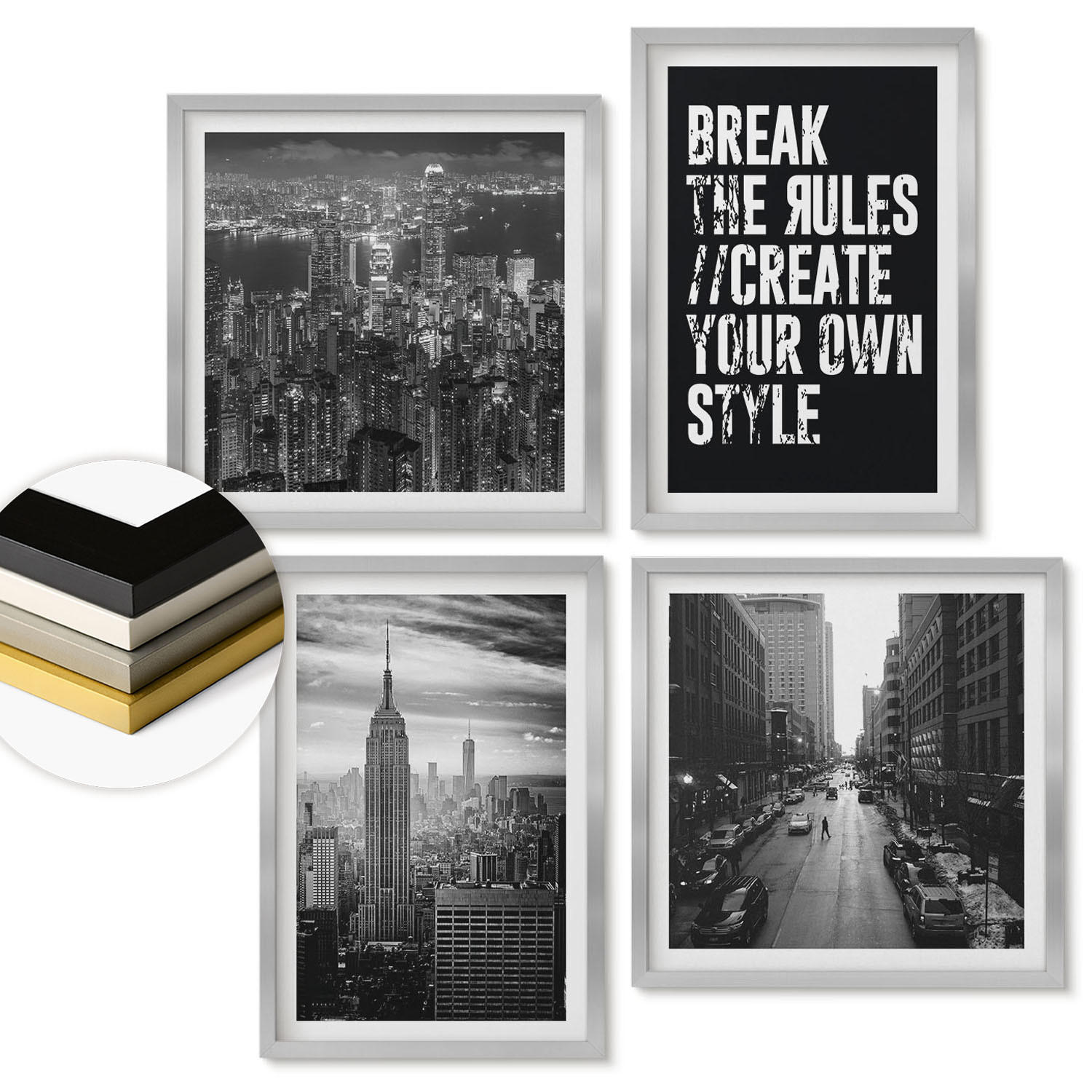 WANDBILDER 4er Set - 50x50 cm & 40x60 cm Silberner Rahmen - Inspiration für Schwarz-Weiß-Darstellungen von Stadtstraßen - Silberfarben, Kunststoff (50/50cm) - ArtPrintCave