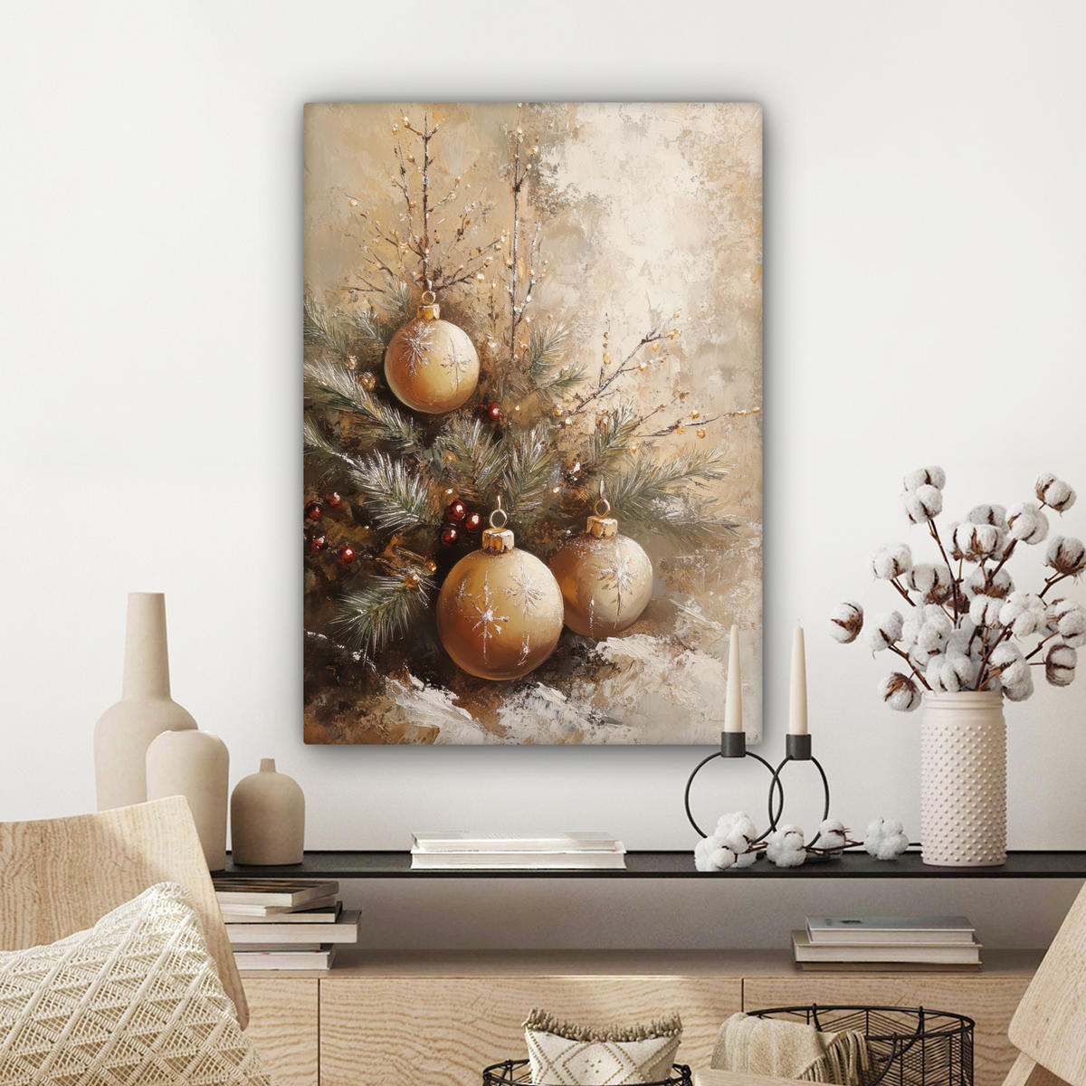 LEINWANDBILD Weihnachten - Kugeln - Beige - Gold Wandbild Wohnzimmer 60x80 cm - Goldfarben, Textil (60/80cm) - MuchoWow