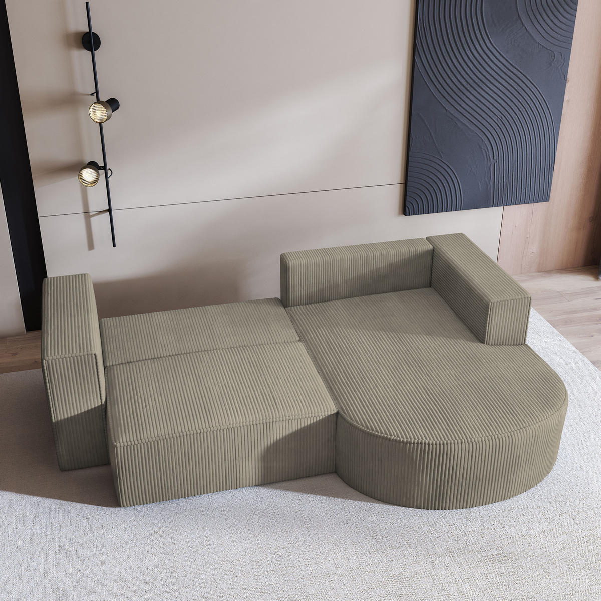 ECKSOFA SORELA P R-S Beige Kordstoff mit Schlaffunktion - Beige, Holz (263/174cm) - MASSENO