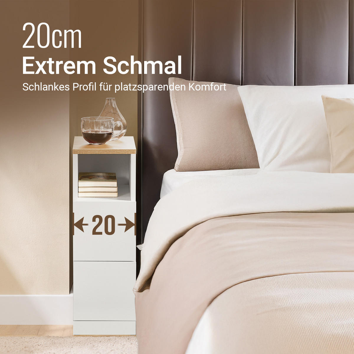 NACHTTISCH mit 2 Schubladen, Schmal, Weiß, 20x60x35cm - Weiß, Holzwerkstoff (20/60/35cm) - SoBuy