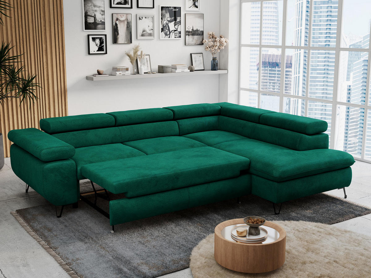 ECKSOFA PETER L Dunkelgrün Velvet - Rechts Seite - Dunkelgrün/Schwarz, Textil/Metall (273/208cm) - MKS