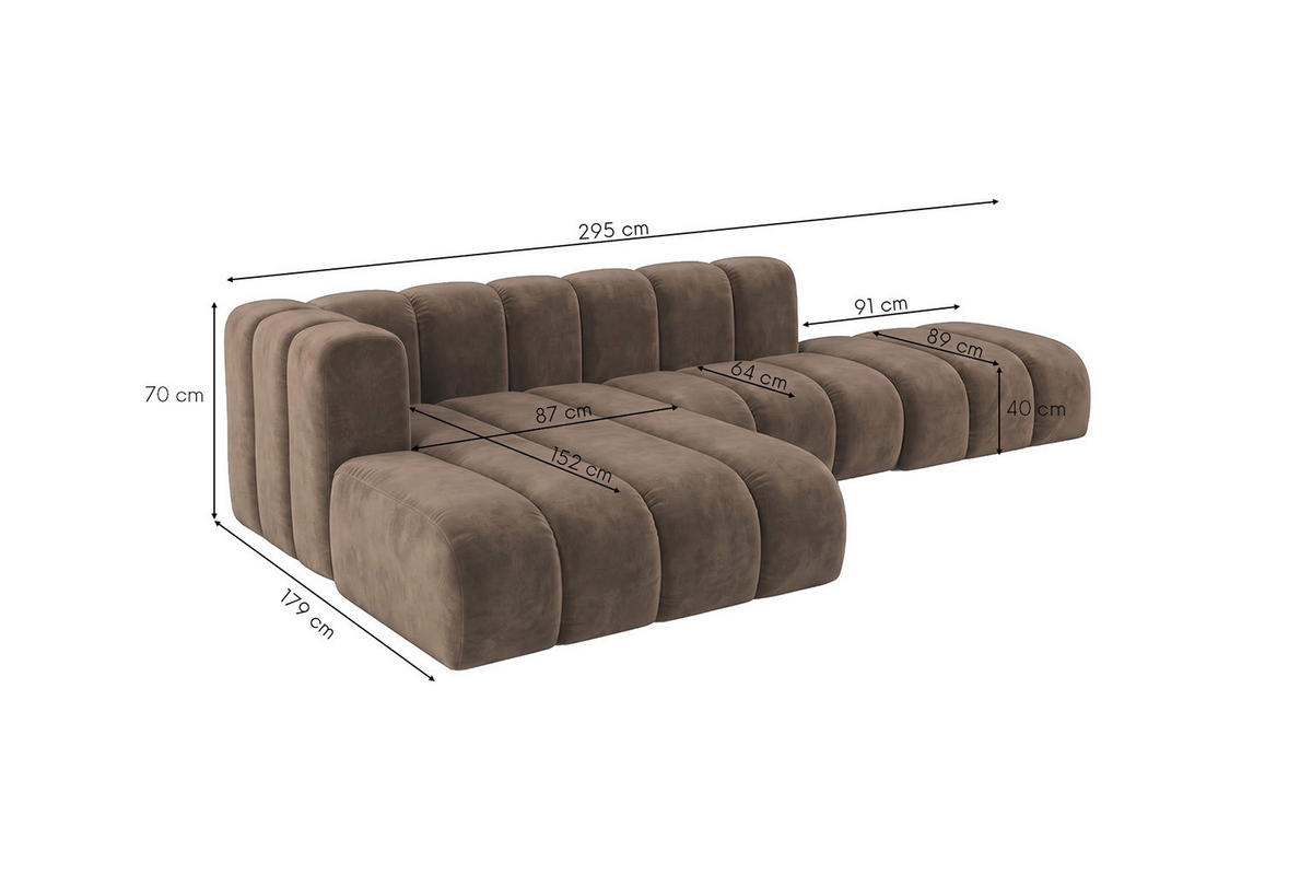 ECKSOFA Modulares In L-Form Mit Hocker, Velvet-Stoff Riviera, Braun, Links, GRAND Mini - Braun, Holz (295/179cm) - Kaiser Möbel