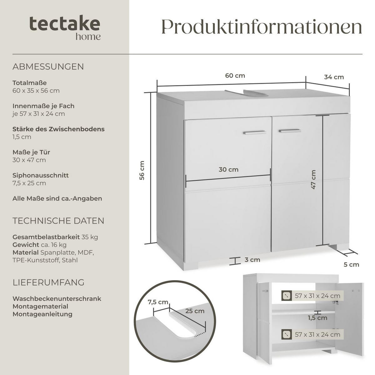 WASCHBECKENUNTERSCHRANK Idris, 60 x 35 x 56 cm, weiß - Weiß, Holzwerkstoff (60/56/35cm) - tectake