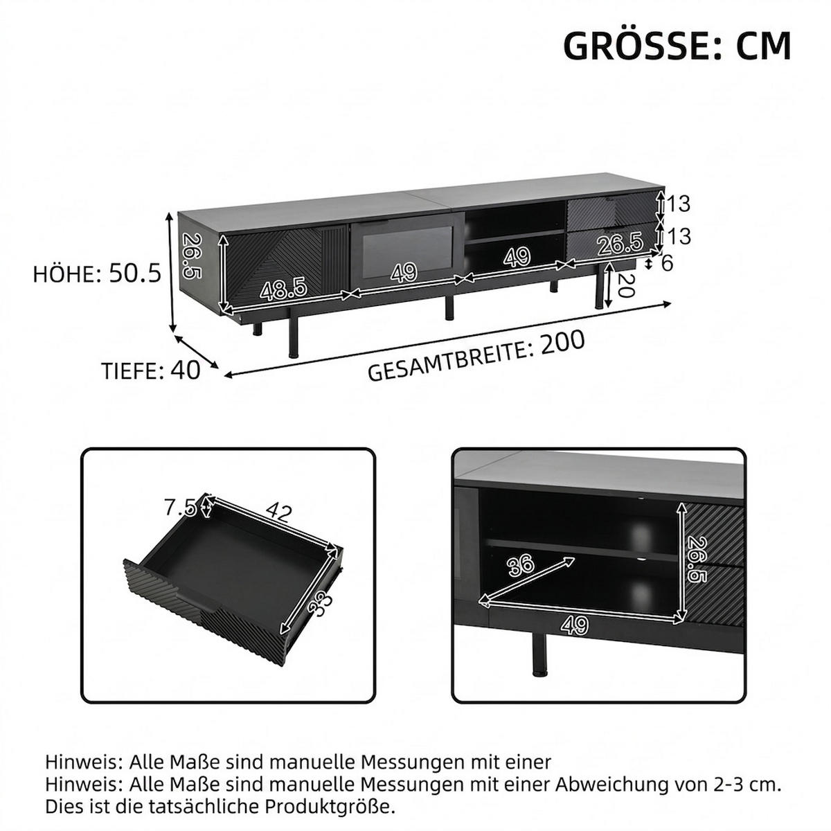 TV-SCHRANK 200/40/50.5 cm Schwarz mit 2 Schubladen und 2 Türen - Schwarz, Holzwerkstoff (200/50.5/40cm) - Oxeza