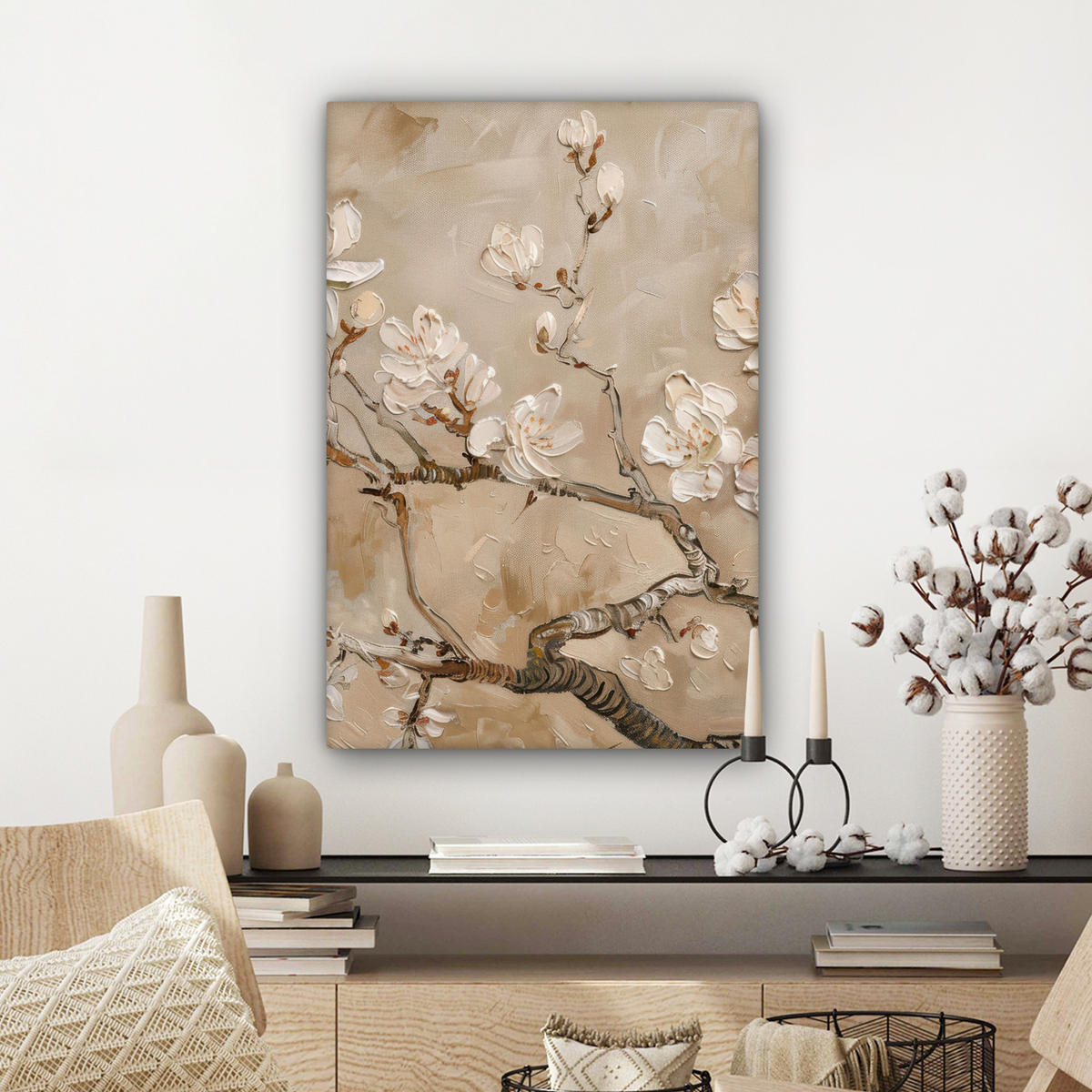 LEINWANDBILD - Blumen - Modern - Beige - Weiß - Blüte - 60x90 - Kunstdruck - Beige, Textil (60/90cm) - MuchoWow