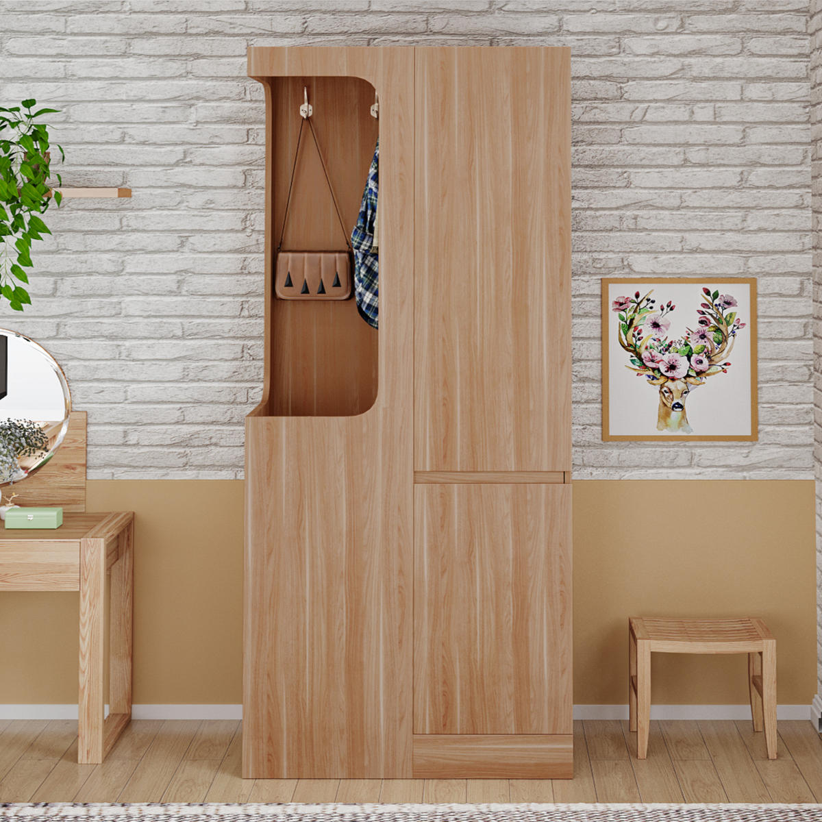 KLEIDERSCHRANK 70/40/170 cm in Weiß/Holzfarben mit Schubladen und offenem Fach - Naturfarben, Holz (70/170/40cm) - BEAOK