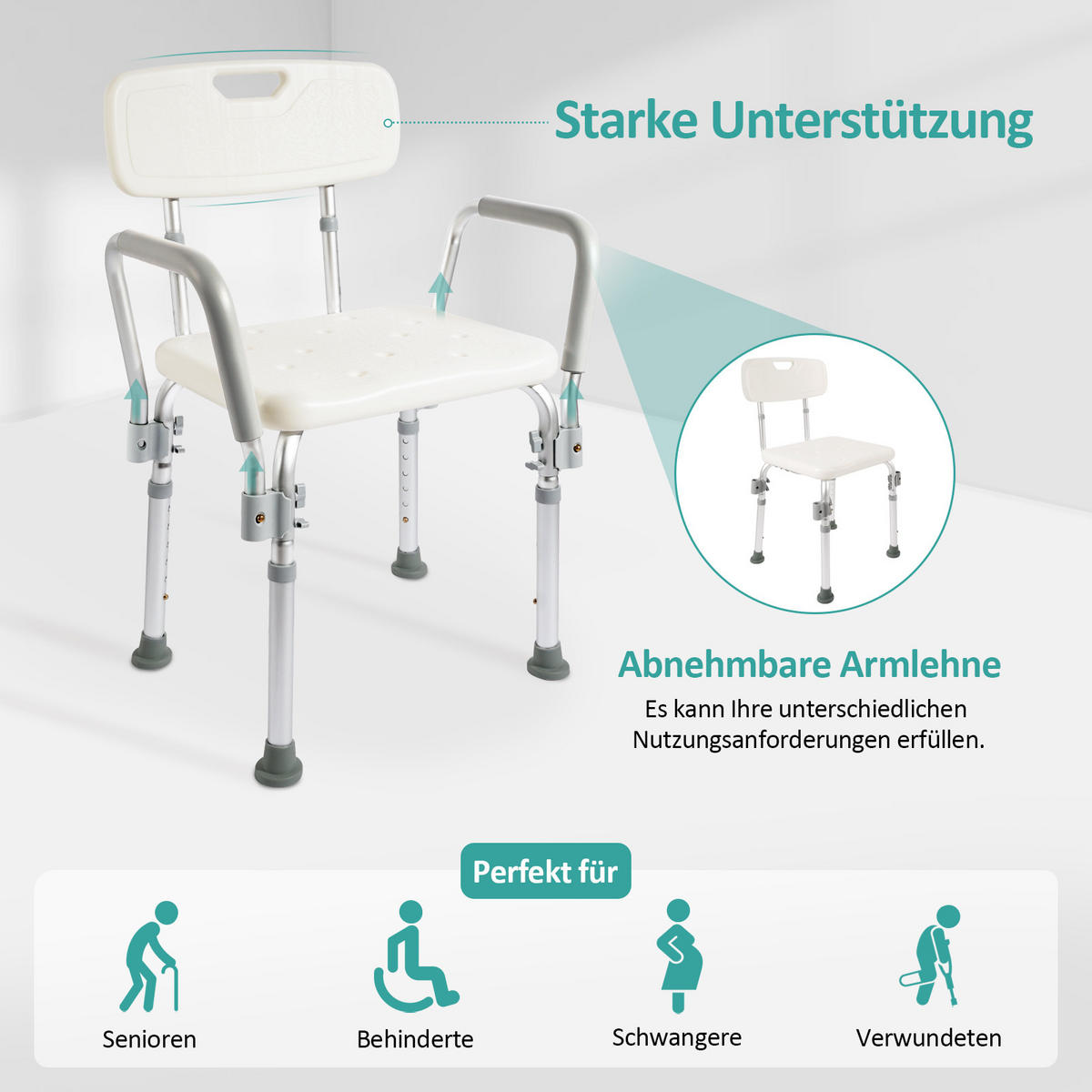 DUSCHHOCKER mit Abnehmbarer Armlehne 50,5/47,5/75 cm - Weiß, Metall (50/75/47cm) - EMKE
