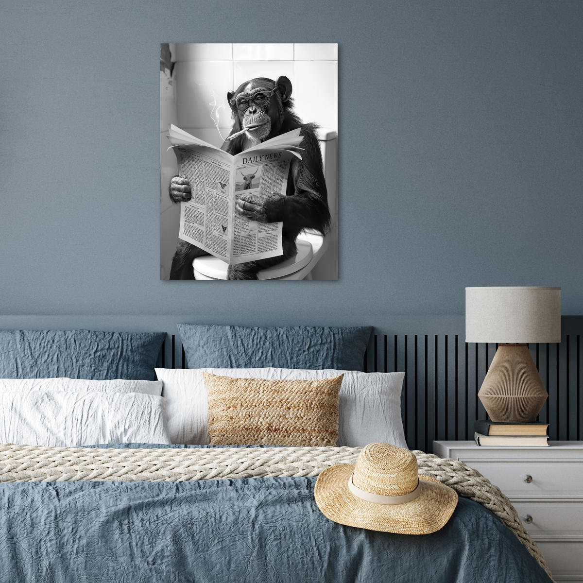 POSTER Affe - WC - Zeitung - Schwarz-Weiß - Humor 60x80 cm - Hellgrau, Papier (60/80/0.1cm) - MuchoWow