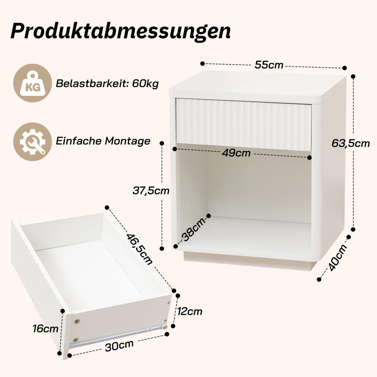 NACHTTISCH Weiß 55/40/63 cm 2er-Set - Weiß, Holz (55/63.5/40cm) - PANGIVO