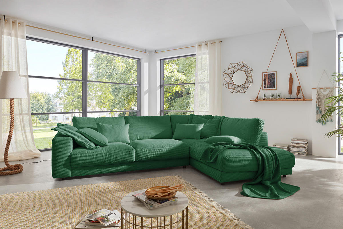 ECKSOFA MADELINE Smaragdgrün Cord - Smaragdgrün/Schwarz, Kunststoff/Textil (325/224cm) - KAWOLA