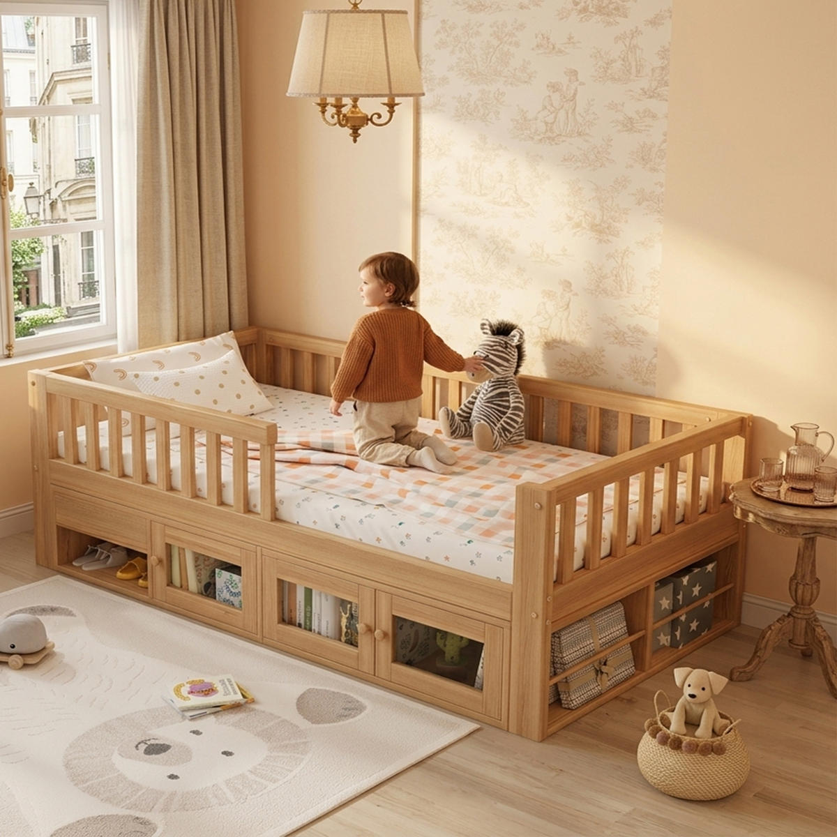 KINDERBETT 90/200 cm in Natur mit Schublade, Schrank und Ablagen - Naturfarben, Holz/Holzwerkstoff (90/200cm) - WISHDOR