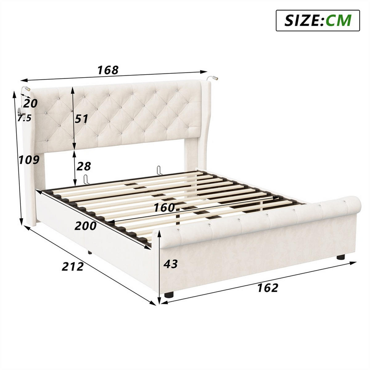 POLSTERBETT 160x200 cm mit verstellbaren Leseleuchten - USB-Anschluss und hydraulischem Stauraum - ohne Matratze - Beige, Textil (160/200cm) - DELFA
