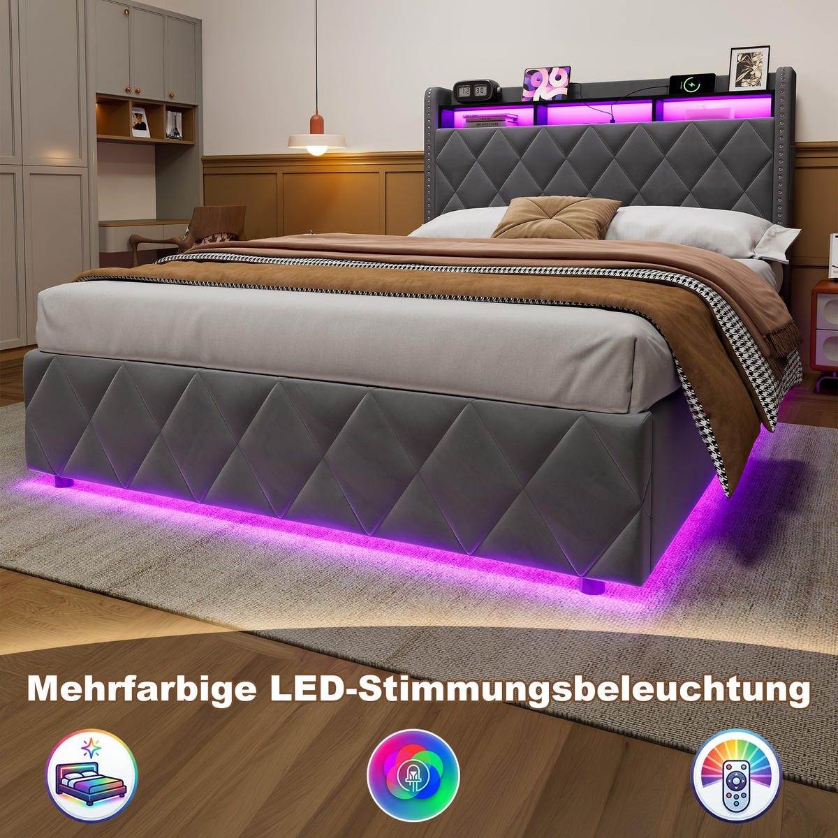 POLSTERBETT 140/200 cm Dunkelgrau mit LED & USB - Dunkelgrau, Textil (140/200cm) - Flora Grace