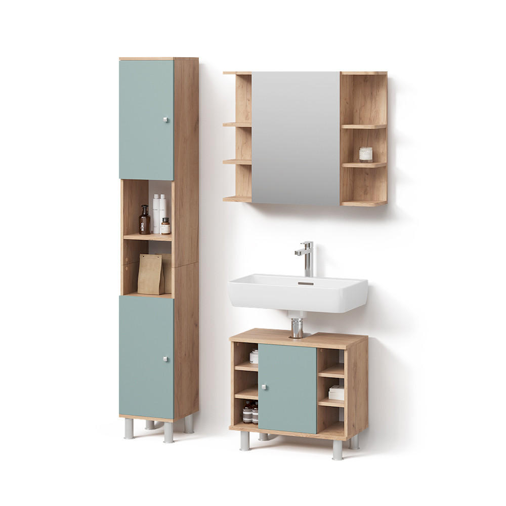 BADMÖBEL-SET Fucino Grün 3 Teile, mit Hochschrank - Honigeiche/Grün, Holzwerkstoff (60/54/32cm) - Livinity®