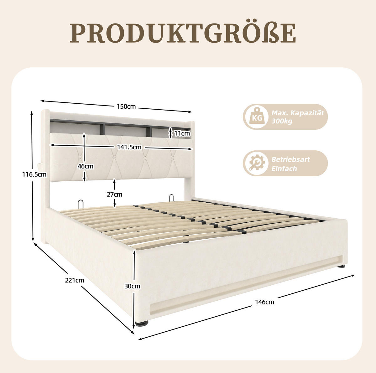 POLSTERBETT 140/200 cm in Beige aus Samt mit LED-Beleuchtung und Stauraum - Beige, Textil (140/200cm) - Flora Grace