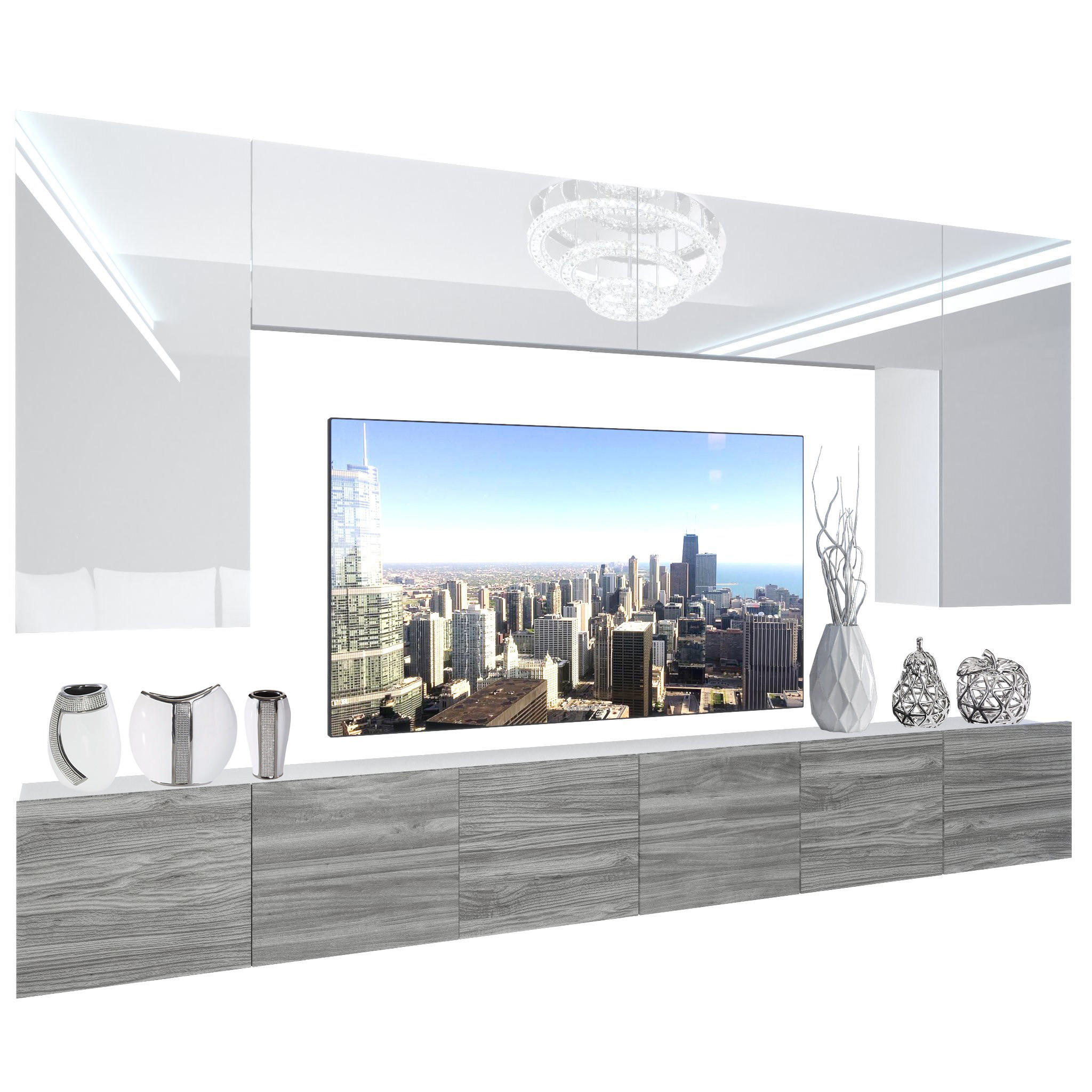 WOHNZIMMERWAND Schrankwand mit LED Weiß / Glamourholz - Weiß/Grau, Holz (300/180/36cm) - B BELINI GROUP