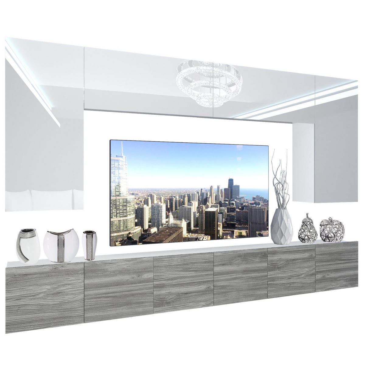 WOHNZIMMERWAND Schrankwand mit LED Weiß / Glamourholz - Weiß/Grau, Holz (300/180/36cm) - B BELINI GROUP