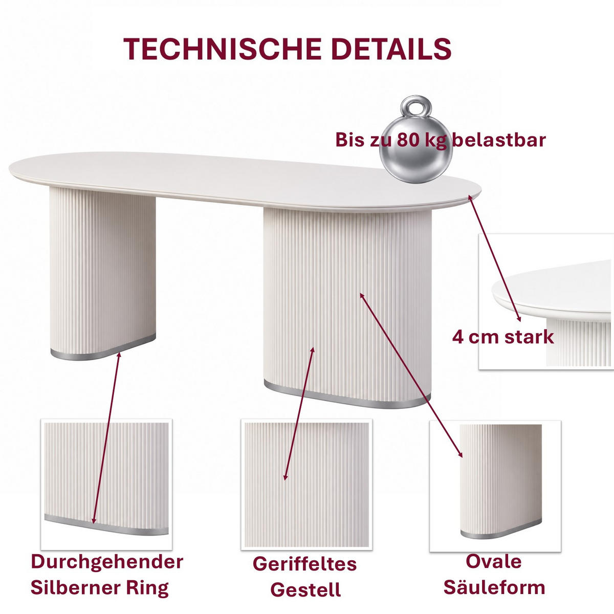 ESSTISCH Oval Weiß 180 × 90 cm geriffeltes Säulengestell mit silberfarbenen Akzenten - Weiß, Holzwerkstoff (90/180/76cm) - HOOZ