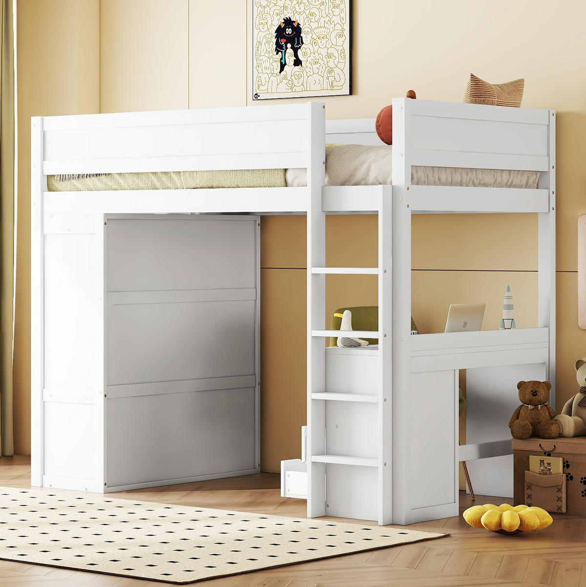 HOCHBETT 90/200 cm mit Kleiderschrank, Schreibtisch und 2 Schubladen aus Kiefern Holzwerkstoff, Weiß - Weiß, Holzwerkstoff (90/200cm) - Redom
