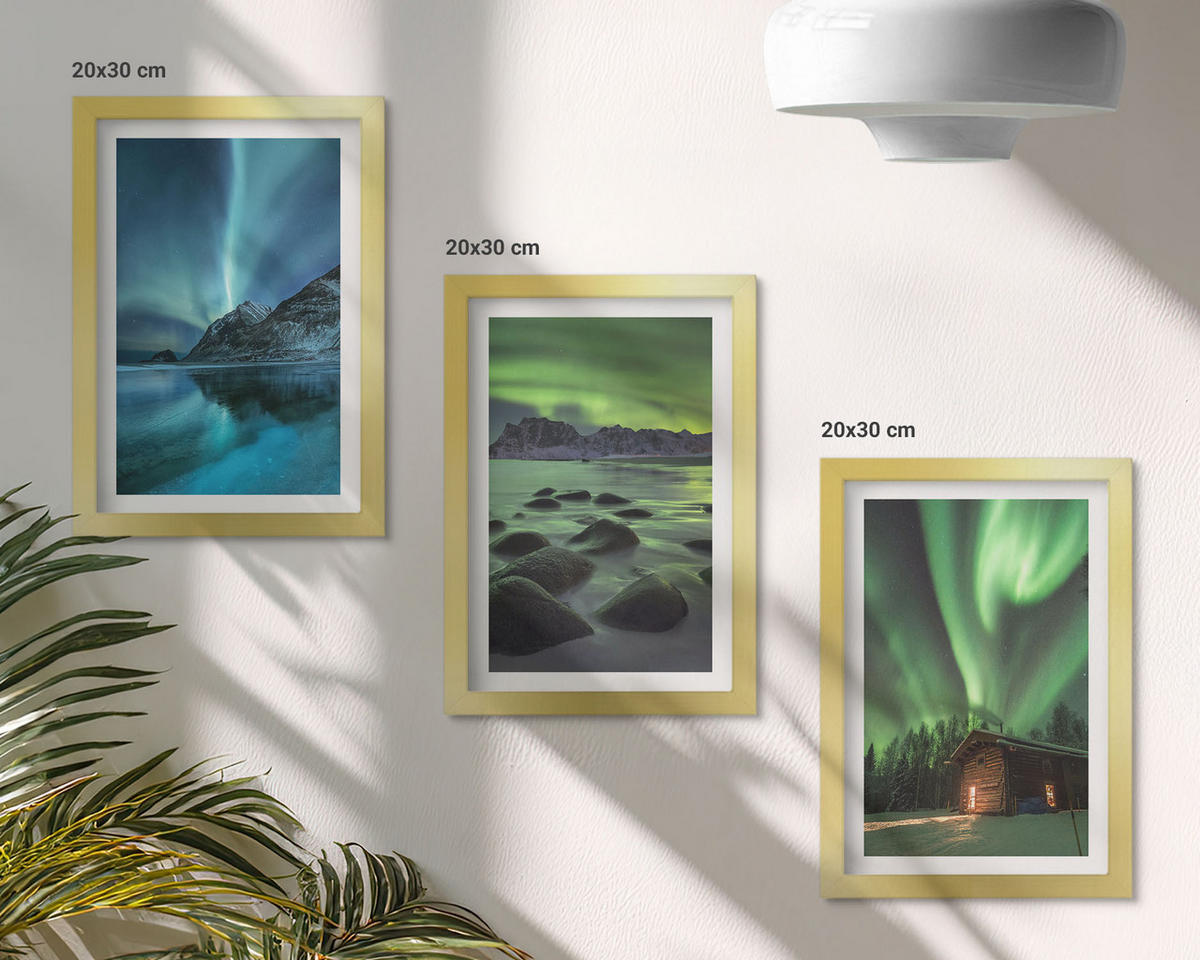 BILDER SET 3er Set - 20x30 cm Goldrahmen - Winterlandschaften, Nordlichter, Berge - Goldfarben, Kunststoff (20/30cm) - TULUP