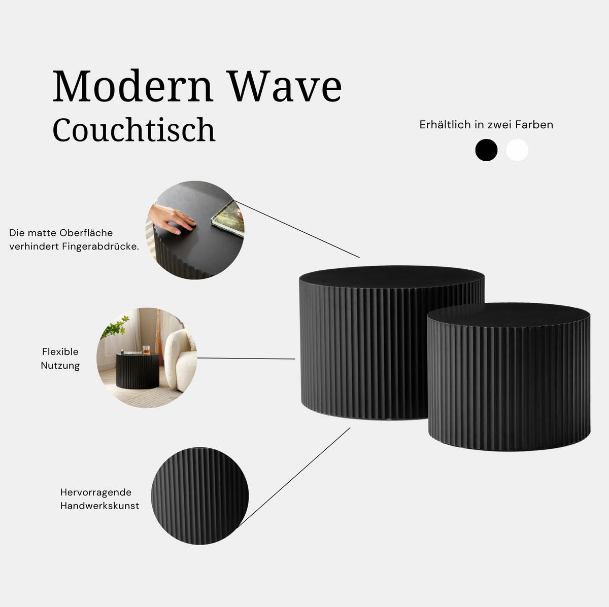 COUCHTISCH-SET 60/60/40 cm schwarz aus MDF mit Nesting-Design - Schwarz, Holzwerkstoff (60/60/40cm) - OKWISH