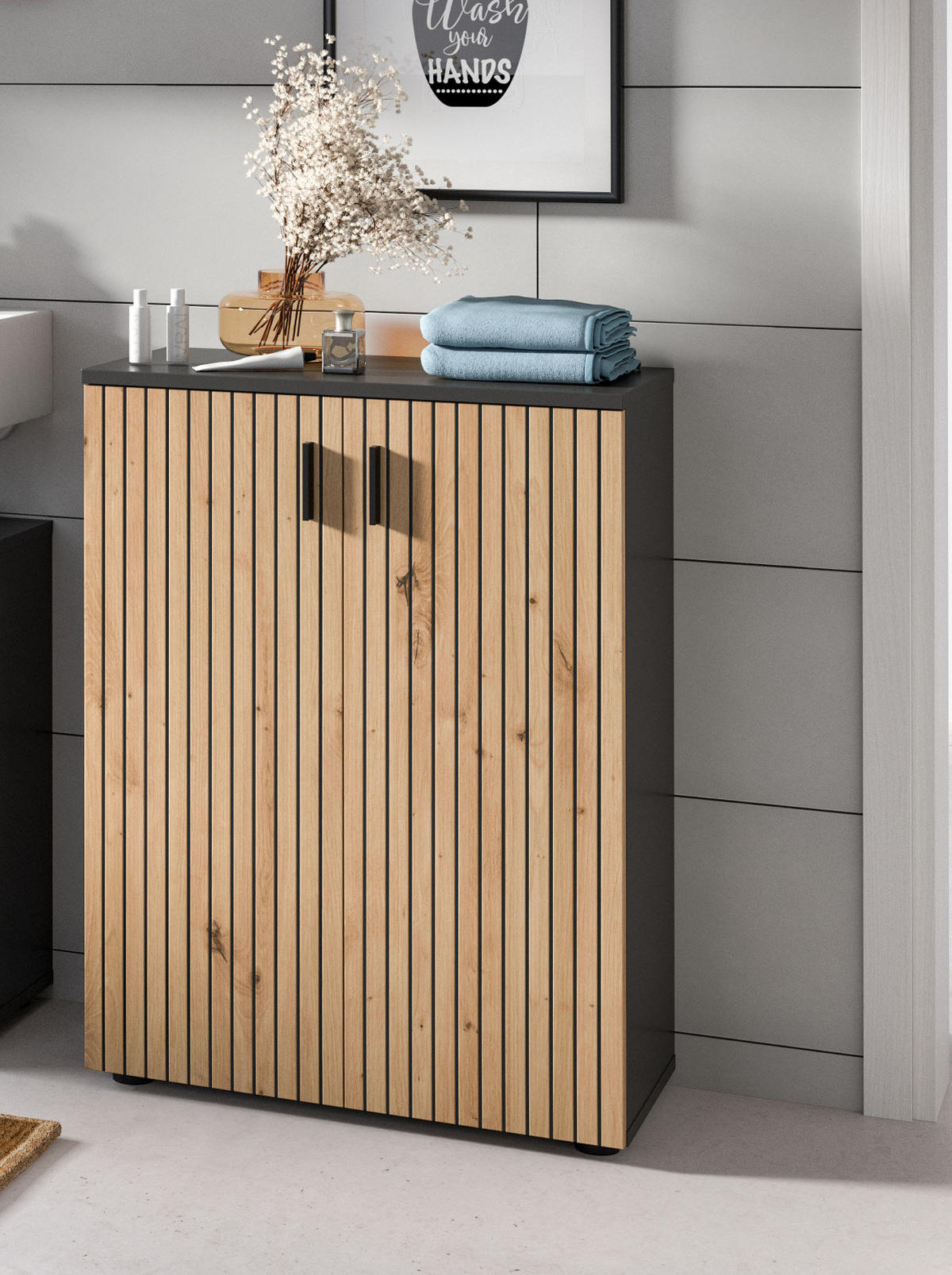 KOMMODE Eiche, grau 60 cm, Badschrank mit Rillen-Optik - Schwarz/Eiche Artisan, Holzwerkstoff/Kunststoff (60/81/30cm) - Inn.Furn