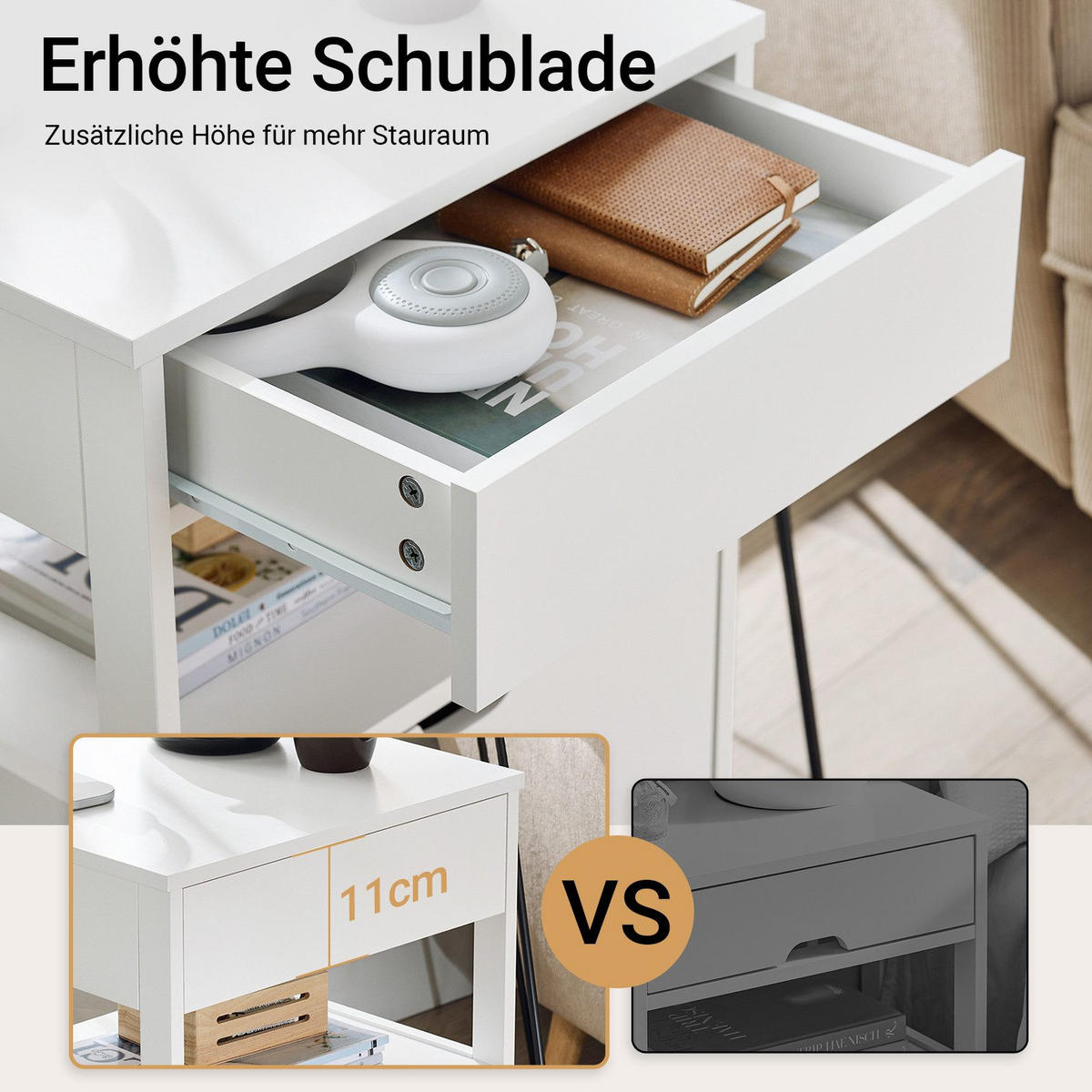 NACHTTISCH mit 2 Schubladen und Ablage, Weiß, 45x55x38 cm - Creme, Holzwerkstoff (45/55/38cm) - SoBuy