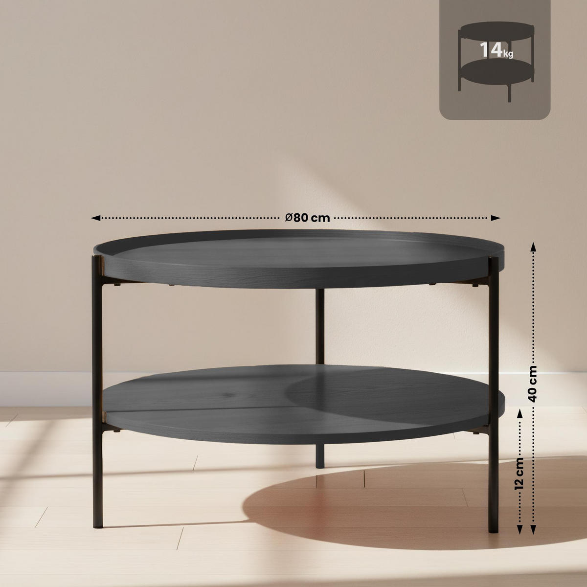 COUCHTISCH Honim Holz Grau Beistelltisch Rund - Grau, Holz (80/80/40cm) - DELUKE