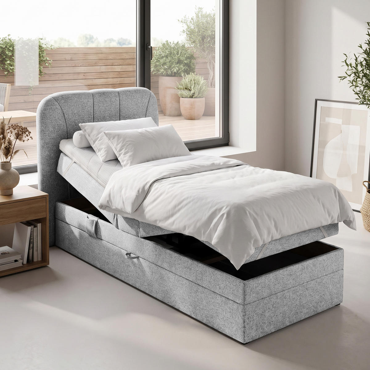 BOXSPRINGOVÁ POSTEL Romeo, jednolůžko s elektrickým polohováním matrace, 90x200 cm, světle šedá - světle šedá, textil (90/200cm) - Beautysofa