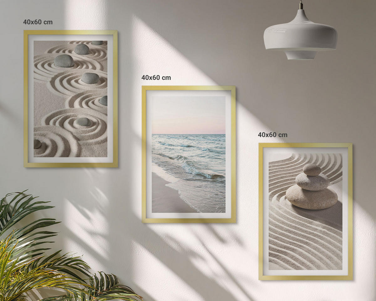 BILDER SET 3er Set - 40x60 cm Goldrahmen - Wellen, Sand, Wasser, Steine, Strand - Goldfarben, Kunststoff (40/60cm) - TULUP