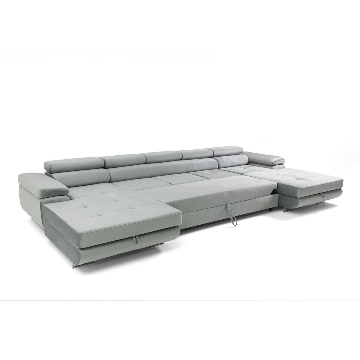 ECKSOFA U-Form ALONZO MAXI U mit Schlaffunktion 125x318 Velours Hellgrau - Silberfarben/Hellgrau, Holz/Textil (400/90/203cm) - Muffo