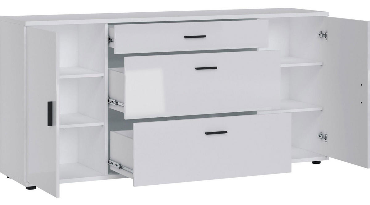 KOMMODE Henley weiß / weiß Hochglanz 180 / 43,5 / 86cm - Weiß Hochglanz/Schwarz, Holz/Holzwerkstoff (180/86/43.5cm) - Feldmann-Wohnen