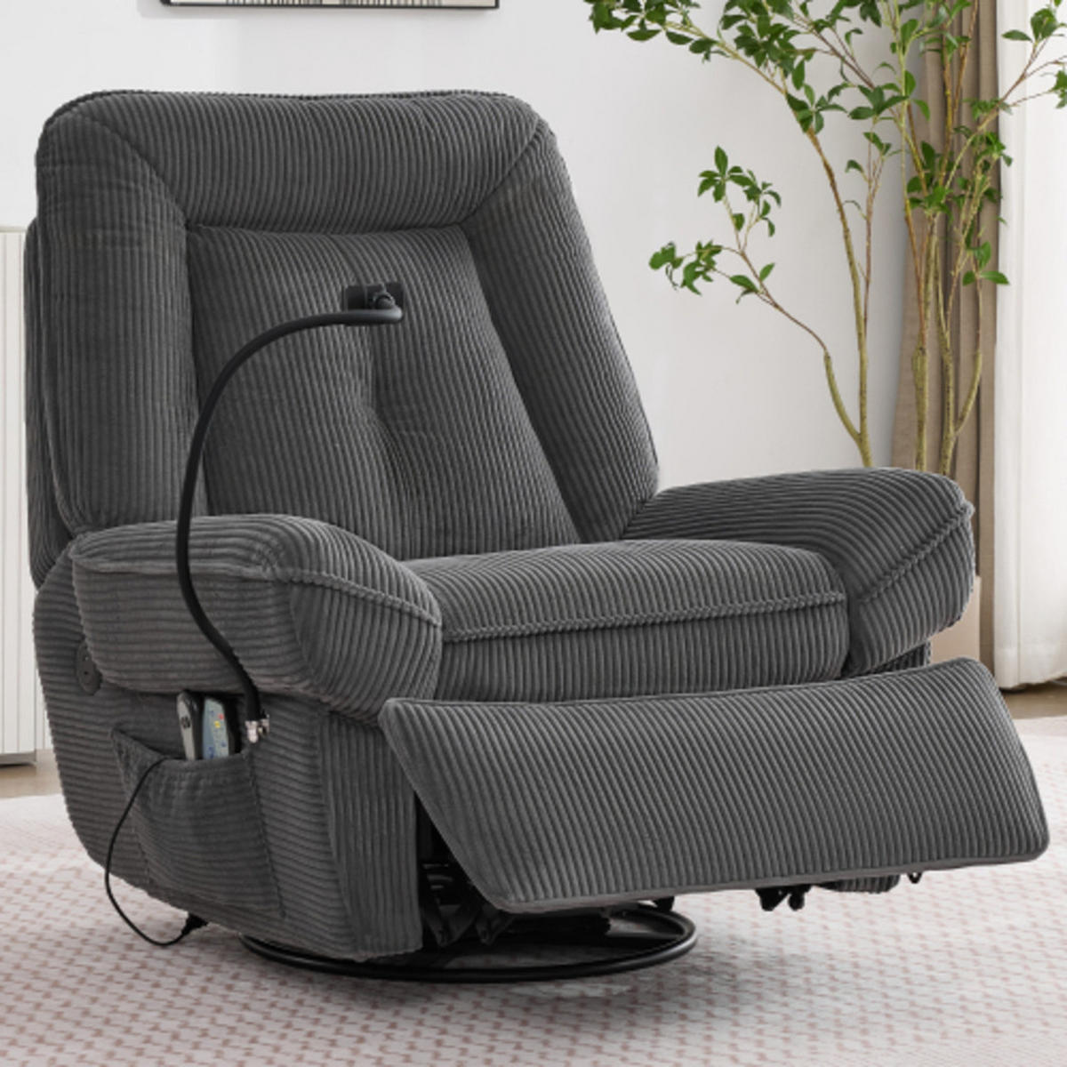 MASSAGESESSEL Relaxsessel 92x91x104 mit Dreh- und Schaukelfunktion und Heizvibration, USB Anschluss, grau - Grau, Textil (91/104/92cm) - Luhomfu
