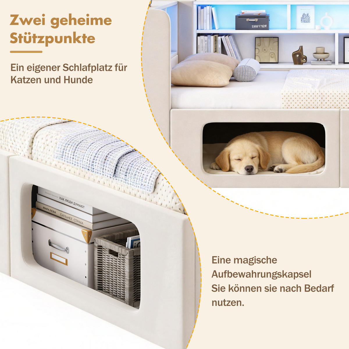 POLSTERBETT aus Samt 90x200 cm in Beige mit LED & USB/Type-C - Beige, Textil (90/200cm) - Modfu