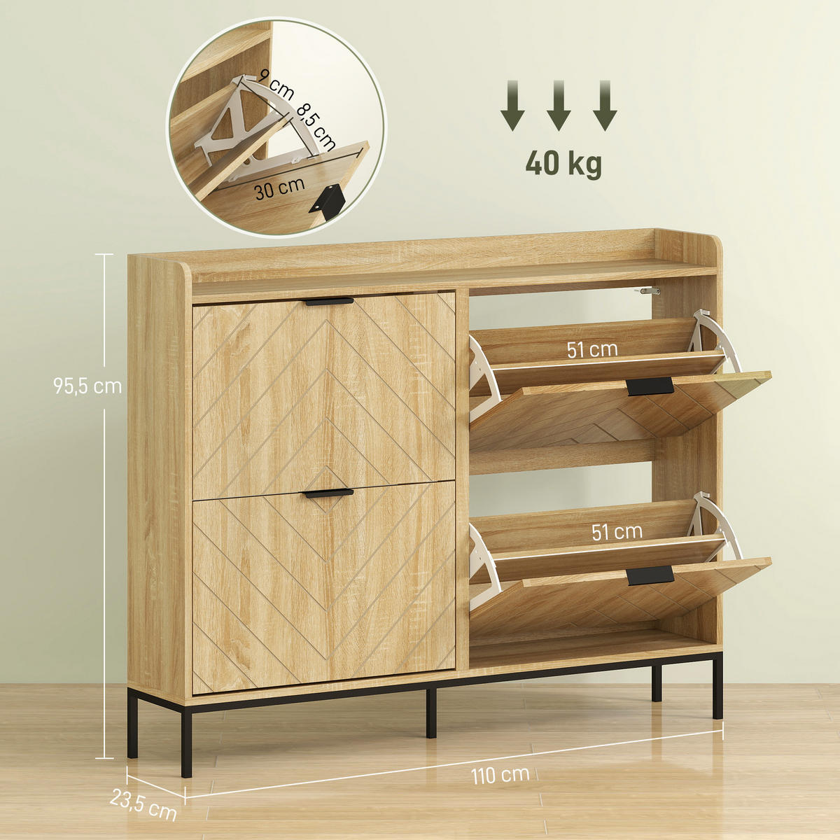 SCHUHSCHRANK Eichefarben Holzwerkstoff mit 4 Klappen platzsparend 1 Stück - Naturfarben, Holzwerkstoff (110/95.5/23.5cm) - PANGIVO