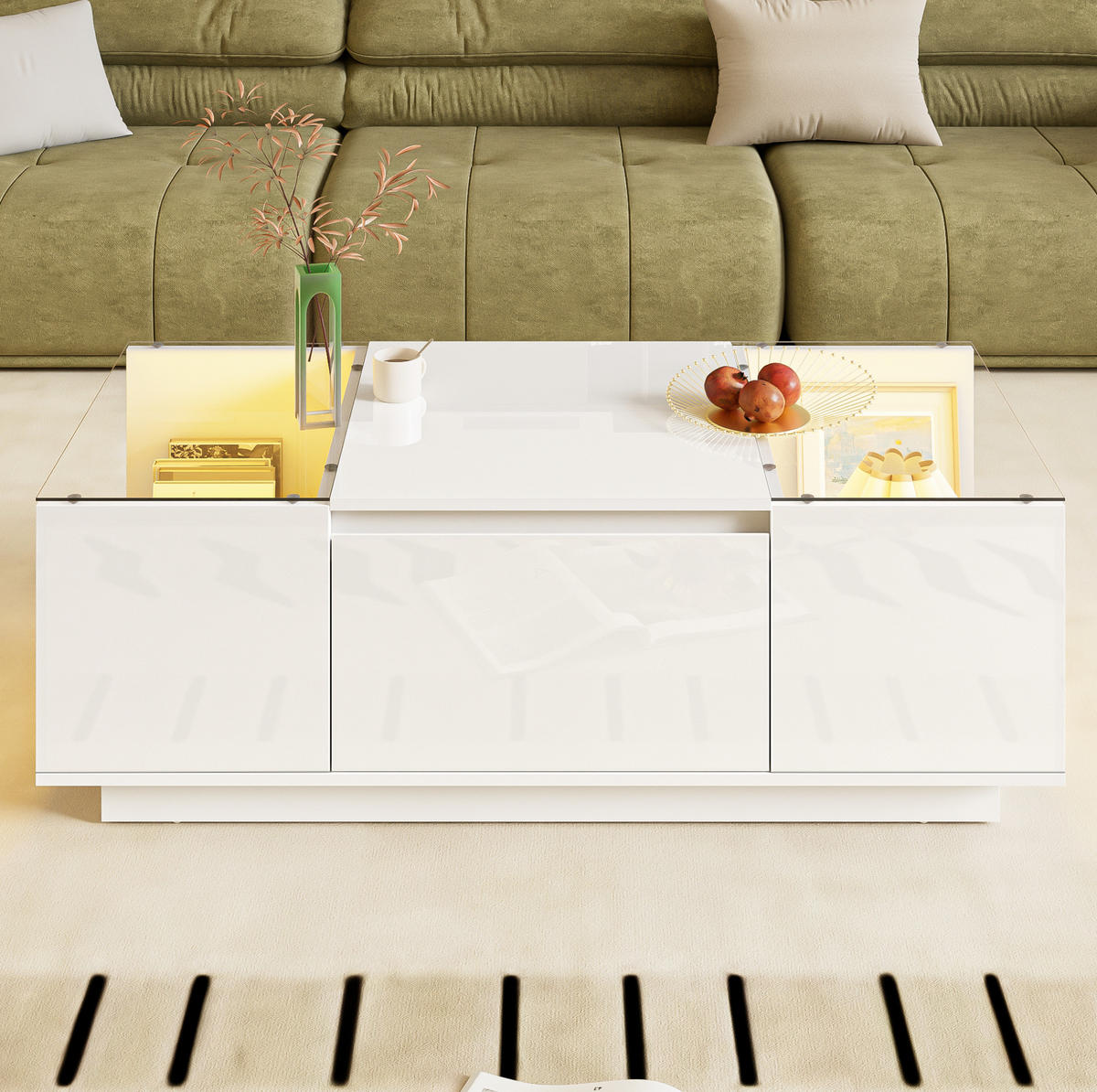 COUCHTISCH 105/50/35 cm in Weiß mit LED-Beleuchtung und Stauraum - Weiß, Holzwerkstoff (105/50/35cm) - Flora Grace