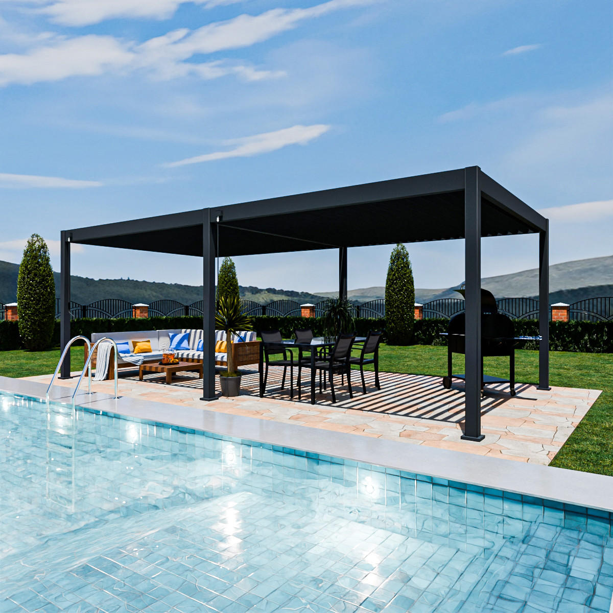 PERGOLA Terrassenüberdachung Superior Aluminium freistehend | 3,6 x 7,2 M | Lamellendach anthrazit - Anthrazit, Metall (720/255/360cm) - PergoLine